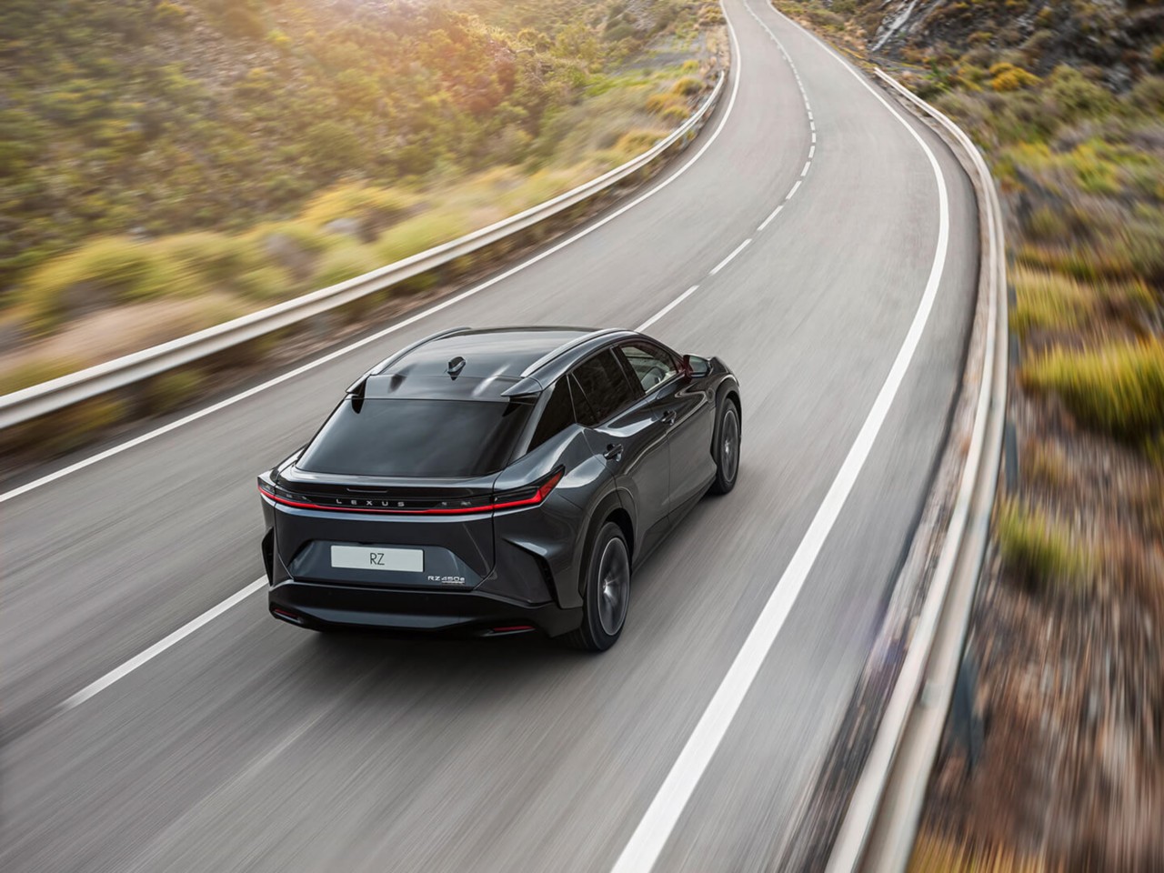 Rear view of the Lexus RZ driving on a road